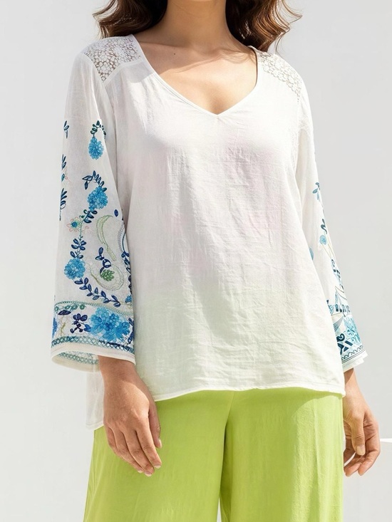 Roz & Ali Tops - Roz & Ali DressBarn White Boho Embroidered Lace Peasant Blouse Tunic Top Large